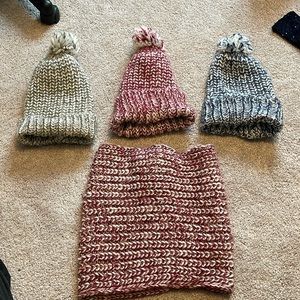 3 knit hats and one matching infinity scarf